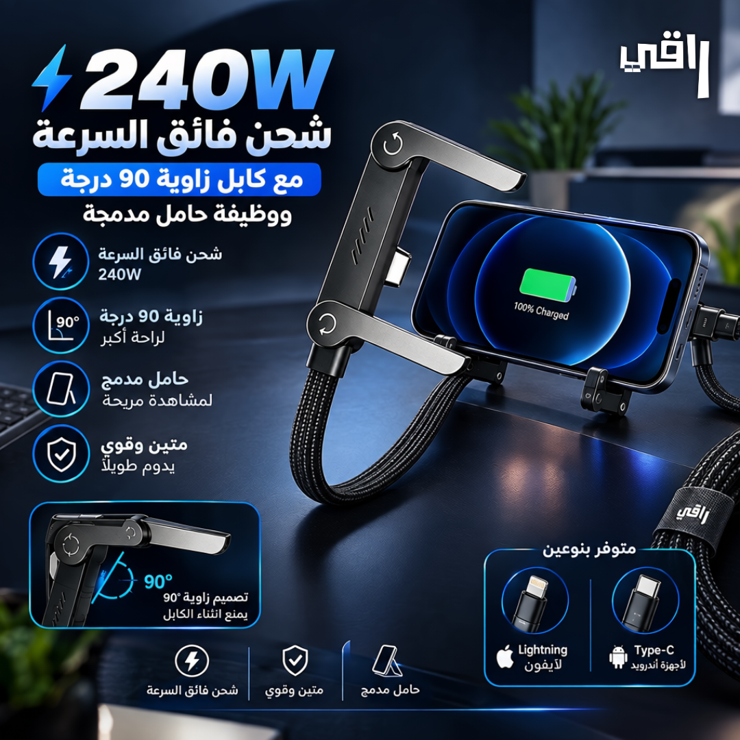 كيبل شحن 240 واط مع حامل موبايل مخفي | شحن واستخدام بنفس الوقت